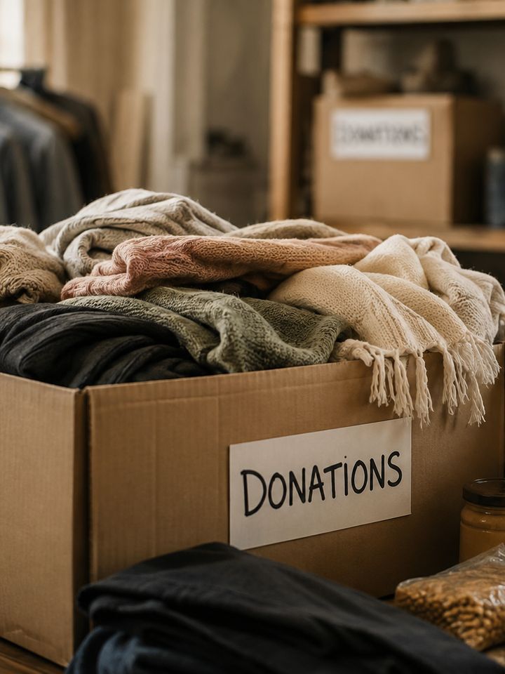 A donations box filled with folded clothing, blankets and canned food